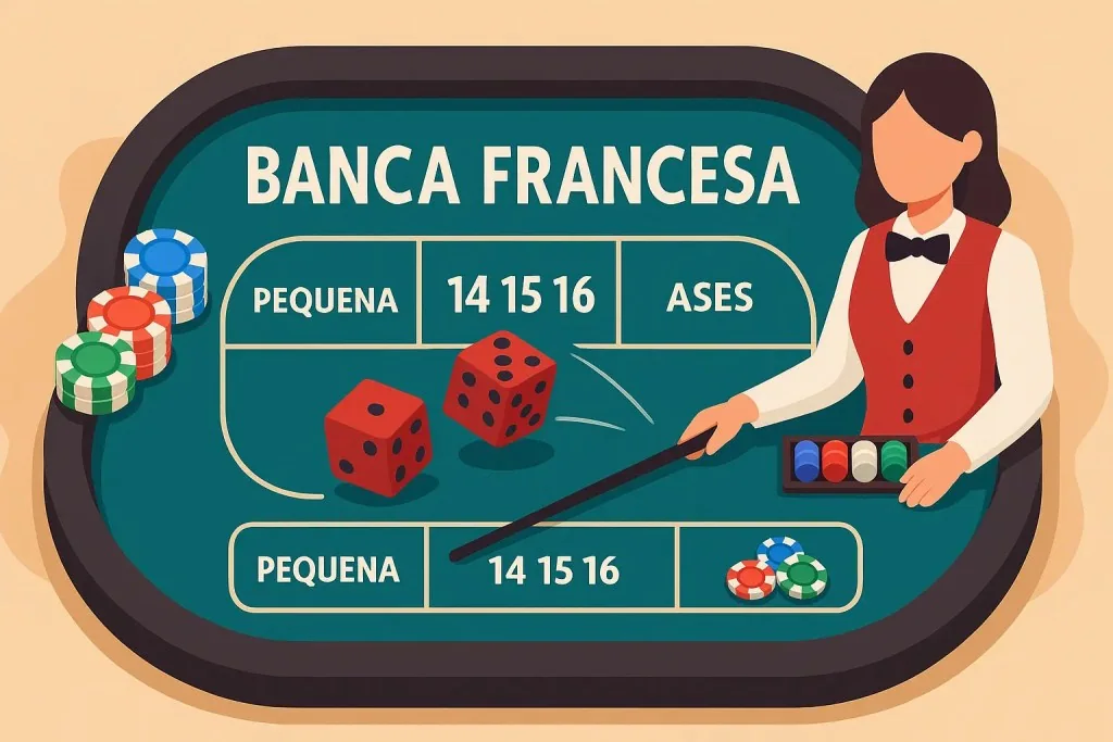 Mesa de Banca Francesa com as áreas de aposta Pequeno, Grande e Ases
