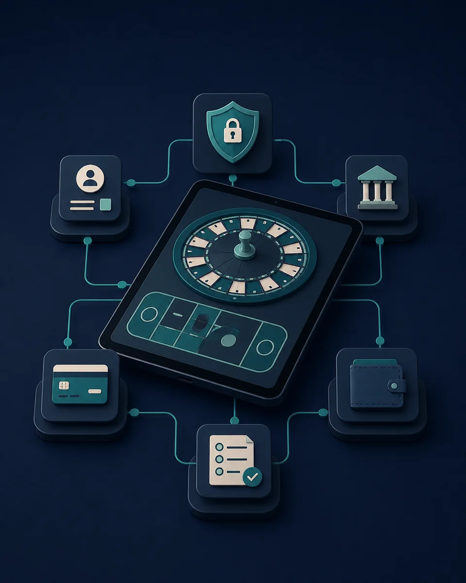 Ilustração de um casino online ligado a identidade, pagamentos, segurança e verificação